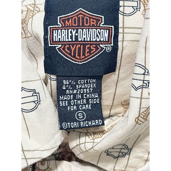 Harley Davidson Tori Richard Printed Engine Button Up Top Aloha Wear Tan Small - Picture 2 of 12